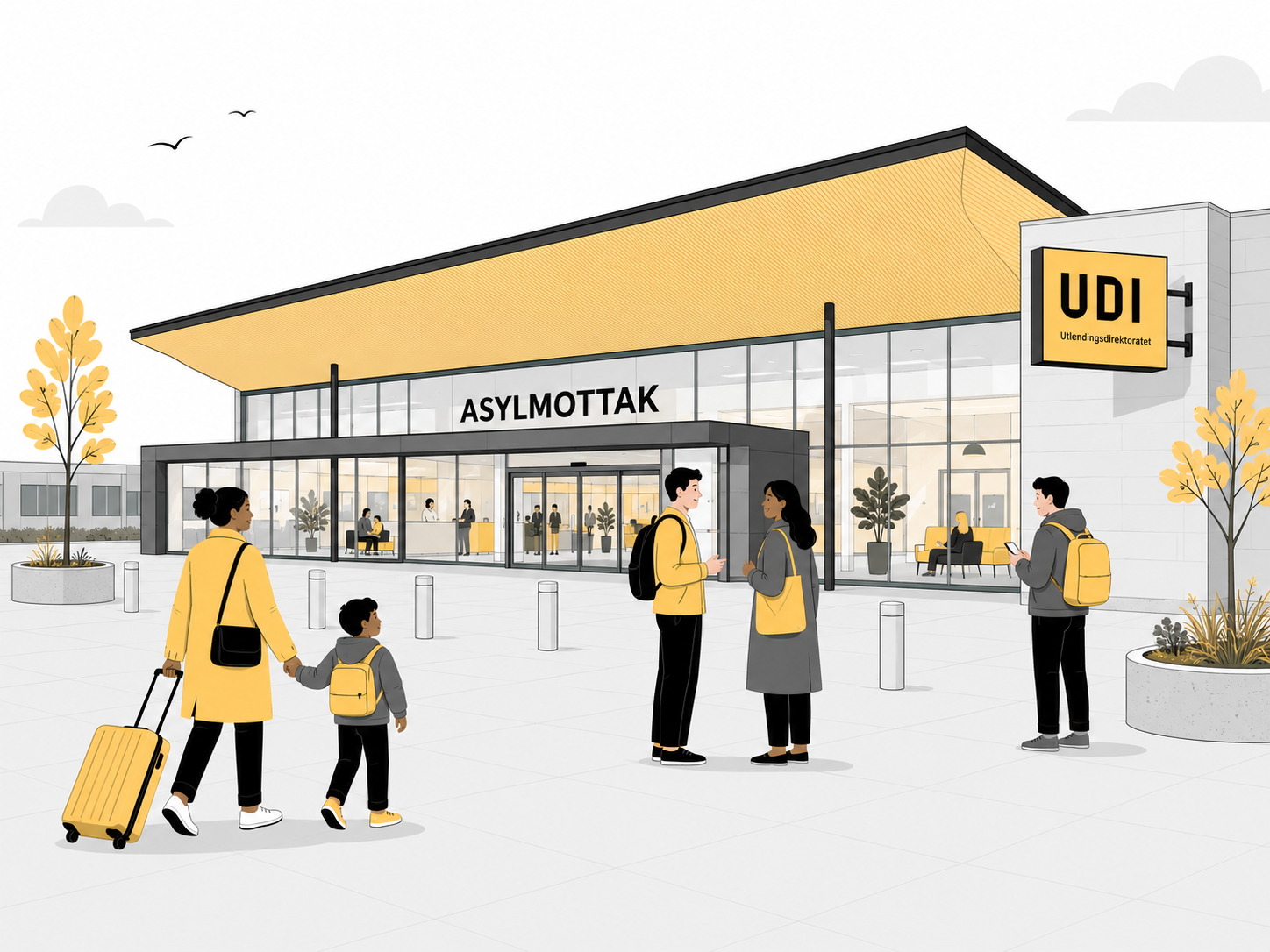 Illustrasjon av et UDI-asylmottak med beboere utenfor inngangen.